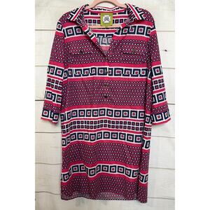 Elizabeth‎ Mckay L Dress Collared Geometric Lightweight Pink White Blue Preppy